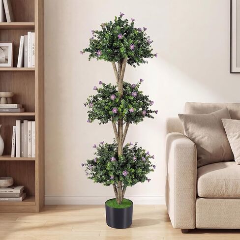 Goplus 51" Artificial Triple Ball Boxwood Topiary Tree, Faux Bush Plant with 59 Blossoms, Cement-Filled Plastic Pot, Sun-Resistant Indoor Outdoor Fake Greenery for Porch Home Decoration Housewarming in Kuwait