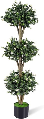 Goplus 51" Artificial Triple Ball Boxwood Topiary Tree, Faux Bush Plant with 59 Blossoms, Cement-Filled Plastic Pot, Sun-Resistant Indoor Outdoor Fake Greenery for Porch Home Decoration Housewarming in Kuwait