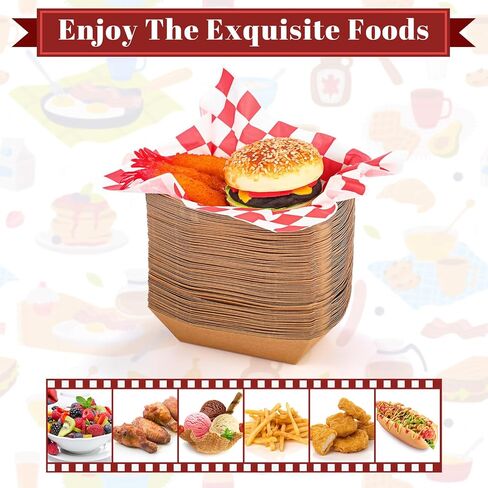 1000 Pieces Disposable Brown Paper Food Tray and Grease Proof Deli Liner, Heavy Duty 2 lb Coated Paperboard Food Boats and Wax Paper Holds Nacho, Taco, Hot Dog and More for Picnics Carnivals Birthday in Kuwait