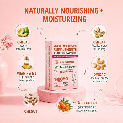 Vaginal Moisturizing Supplement for Women, Sea Buckthorn Oil, Omegas 3, 6, 7, and 9, Vitamins A and E, 100% Natural Formula, 60 Supplements in Saudi Arabia