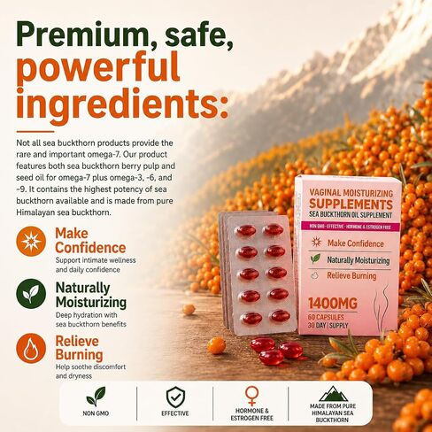 Vaginal Moisturizing Supplement for Women, Sea Buckthorn Oil, Omegas 3, 6, 7, and 9, Vitamins A and E, 100% Natural Formula, 60 Supplements in Saudi Arabia