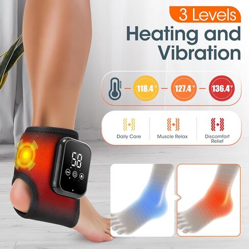 Cordless Ankle Heating Pad & Foot Massager, Heated Ankle Wrap with 3 Heat Levels (118℉-136℉) & 3 Vibration Modes, Adjustable Brace for Pain Relief, Portable Foot Warmer for Home, Office, Travel in Saudi Arabia