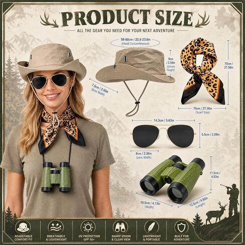 Women Safari Costume Accessories Sun Bucket Hat Leopard Scarf Binoculars Zoo Keeper Costume Halloween Cosplay in Saudi Arabia