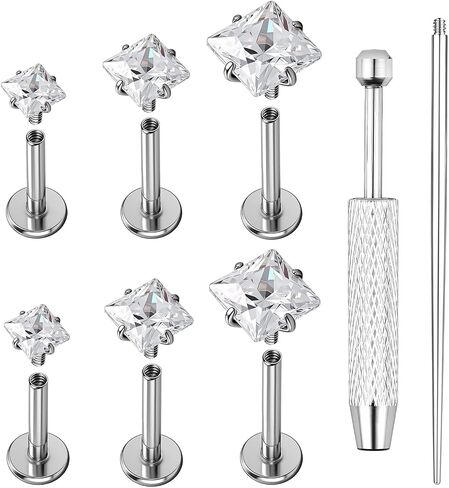 AOEDEJ 20/18/16G Titanium Internally Threaded Flat Back Stud Earrings 3/4/5mm Stars Square CZ Nose Lip Medusa Monroe Labret Piercing Jewelry for Cartilage Conch Tragus Helix Ear Studs in Kuwait