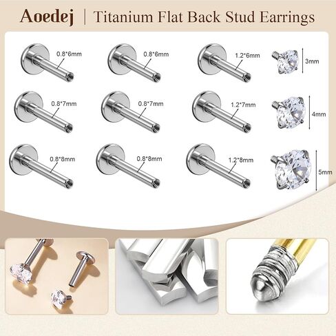 AOEDEJ 20/18/16G Titanium Internally Threaded Flat Back Stud Earrings 3/4/5mm Stars Square CZ Nose Lip Medusa Monroe Labret Piercing Jewelry for Cartilage Conch Tragus Helix Ear Studs in Kuwait