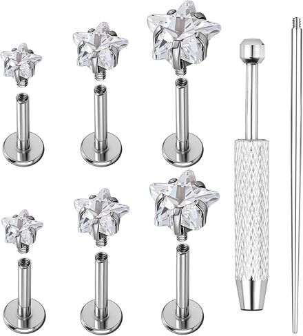 AOEDEJ 20/18/16G Titanium Internally Threaded Flat Back Stud Earrings 3/4/5mm Stars Square CZ Nose Lip Medusa Monroe Labret Piercing Jewelry for Cartilage Conch Tragus Helix Ear Studs in Kuwait