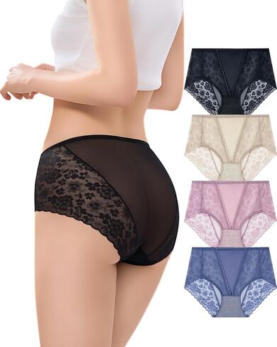 Women’s Underwear Mid-Rise Panties – Lace Underwear For Women 4-Pack, Lace Floral Panties, Soft & Breathable in Saudi Arabia