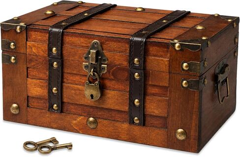 Wooden Treasure Chest with Removable Tray, Locking Latch and Antique Metal Hardware for Keepsakes, Jewelry, Coins and Collectibles, Decorative Small Wooden Treasure Chest Box (11 x 7.1 x 5.5 Inch) in Saudi Arabia