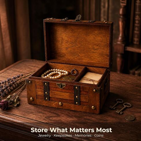 Wooden Treasure Chest with Removable Tray, Locking Latch and Antique Metal Hardware for Keepsakes, Jewelry, Coins and Collectibles, Decorative Small Wooden Treasure Chest Box (11 x 7.1 x 5.5 Inch) in Saudi Arabia