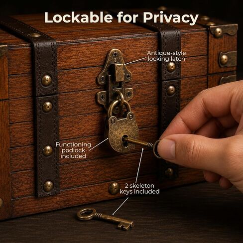 Wooden Treasure Chest with Removable Tray, Locking Latch and Antique Metal Hardware for Keepsakes, Jewelry, Coins and Collectibles, Decorative Small Wooden Treasure Chest Box (11 x 7.1 x 5.5 Inch) in Saudi Arabia
