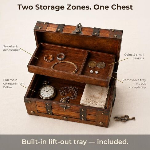 Wooden Treasure Chest with Removable Tray, Locking Latch and Antique Metal Hardware for Keepsakes, Jewelry, Coins and Collectibles, Decorative Small Wooden Treasure Chest Box (11 x 7.1 x 5.5 Inch) in Saudi Arabia