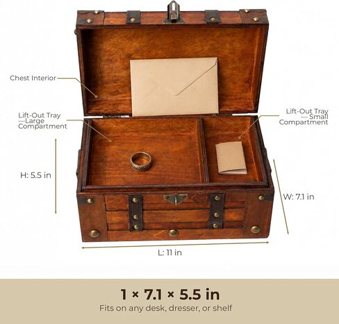 Wooden Treasure Chest with Removable Tray, Locking Latch and Antique Metal Hardware for Keepsakes, Jewelry, Coins and Collectibles, Decorative Small Wooden Treasure Chest Box (11 x 7.1 x 5.5 Inch) in Saudi Arabia