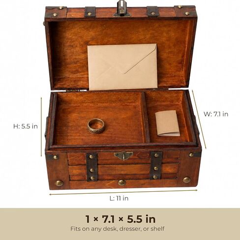 Wooden Treasure Chest with Removable Tray, Locking Latch and Antique Metal Hardware for Keepsakes, Jewelry, Coins and Collectibles, Decorative Small Wooden Treasure Chest Box (11 x 7.1 x 5.5 Inch) in Saudi Arabia