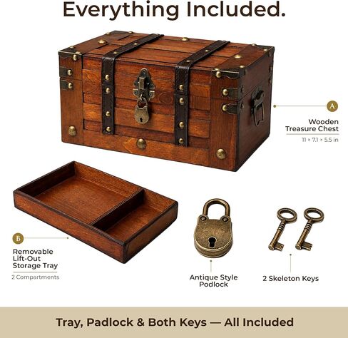 Wooden Treasure Chest with Removable Tray, Locking Latch and Antique Metal Hardware for Keepsakes, Jewelry, Coins and Collectibles, Decorative Small Wooden Treasure Chest Box (11 x 7.1 x 5.5 Inch) in Saudi Arabia