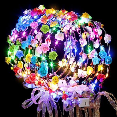 50 PCS LED Flower Crowns Headbands with Ribbons, Light Up Flower Headband for Women, Glow in the Dark Party Supplies for Wedding Birthday Party in Saudi Arabia
