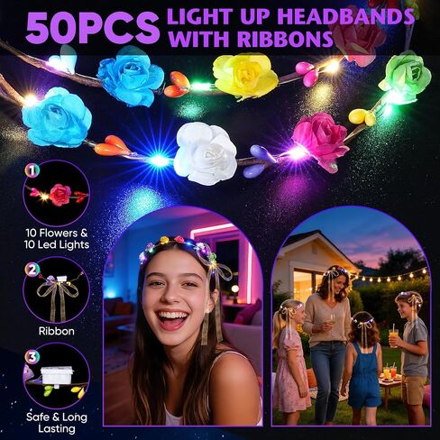 50 قطعة من عصابات الرأس التيجان على شكل زهرة LED مع أشرطة، عصابة رأس مضيئة للنساء، مستلزمات الحفلات المتوهجة في الظلام لحفلات الزفاف وأعياد الميلاد in Kuwait