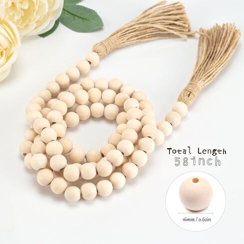 58in Wood Bead with Tassels – Boho Farmhouse Decor for Wall, Vase, Tray – Handmade Wooden Beads Home Decor in Saudi Arabia