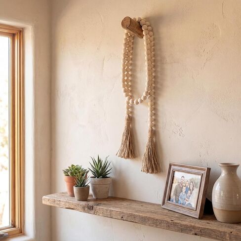 58in Wood Bead with Tassels – Boho Farmhouse Decor for Wall, Vase, Tray – Handmade Wooden Beads Home Decor in Saudi Arabia