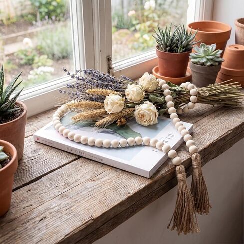 58in Wood Bead with Tassels – Boho Farmhouse Decor for Wall, Vase, Tray – Handmade Wooden Beads Home Decor in Saudi Arabia