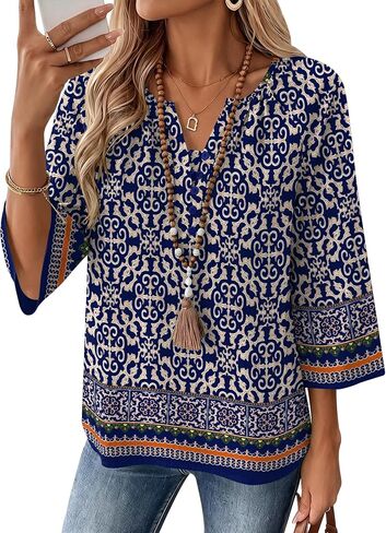 AKEWEI Womens 3/4 Sleeve Tops V Neck Linen Blouse Button Down Shirts for Women Dressy Casual 2026 in Kuwait