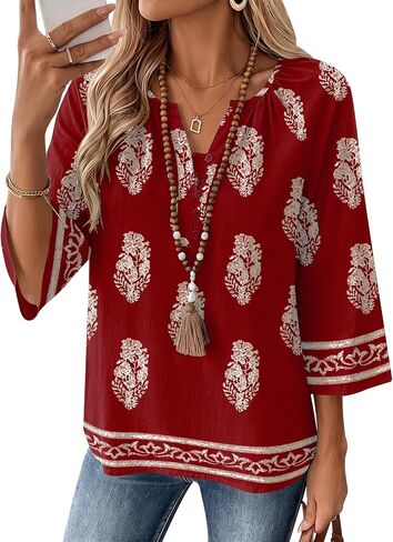 AKEWEI Womens 3/4 Sleeve Tops V Neck Linen Blouse Button Down Shirts for Women Dressy Casual 2026 in Kuwait