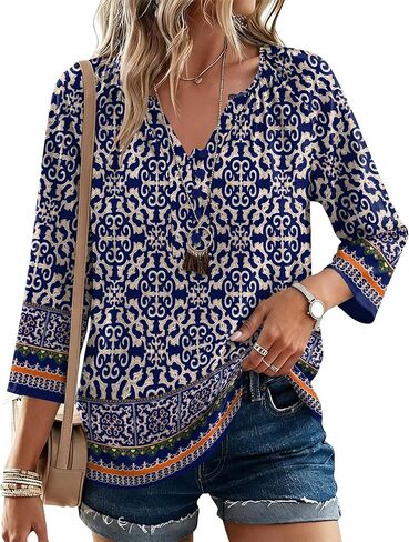 AKEWEI Womens 3/4 Sleeve Tops V Neck Linen Blouse Button Down Shirts for Women Dressy Casual 2026 in Kuwait