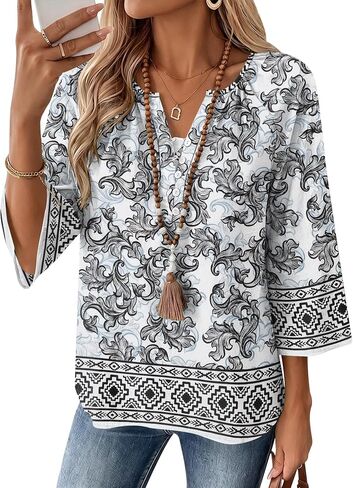 AKEWEI Womens 3/4 Sleeve Tops V Neck Linen Blouse Button Down Shirts for Women Dressy Casual 2026 in Kuwait