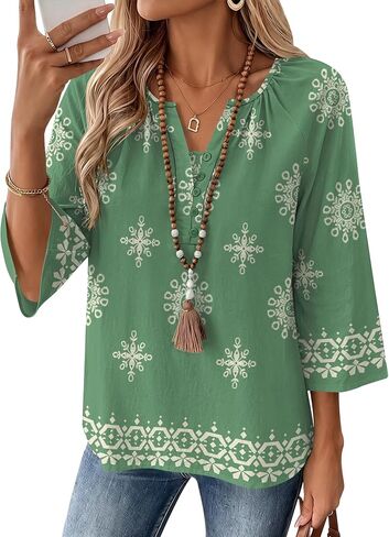 AKEWEI Womens 3/4 Sleeve Tops V Neck Linen Blouse Button Down Shirts for Women Dressy Casual 2026 in Kuwait