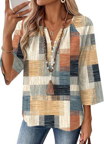 AKEWEI Womens 3/4 Sleeve Tops V Neck Linen Blouse Button Down Shirts for Women Dressy Casual 2026 in Kuwait