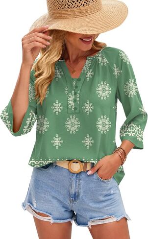 AKEWEI Womens 3/4 Sleeve Tops V Neck Linen Blouse Button Down Shirts for Women Dressy Casual 2026 in Kuwait