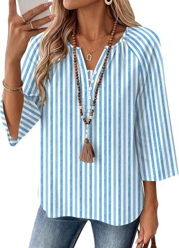 AKEWEI Womens 3/4 Sleeve Tops V Neck Linen Blouse Button Down Shirts for Women Dressy Casual 2026 in Kuwait