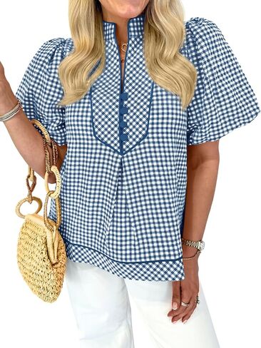 Tankaneo Womens Puff Short Sleeve Blouse Gingham Button V Neck Tops Summer Dressy Casual Loose Fit Plaid Shirts in Kuwait