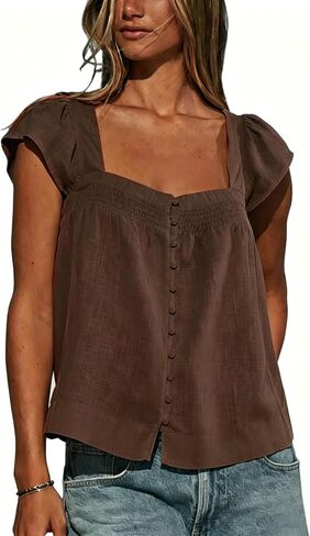Lumister Cotton Linen Tops for Womens Square Neck Flutter Sleeve Lightweight Casual Shirt for Summer in Saudi Arabia