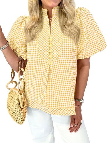 Tankaneo Womens Puff Short Sleeve Blouse Gingham Button V Neck Tops Summer Dressy Casual Loose Fit Plaid Shirts in Kuwait