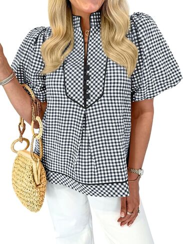 Tankaneo Womens Puff Short Sleeve Blouse Gingham Button V Neck Tops Summer Dressy Casual Loose Fit Plaid Shirts in Kuwait