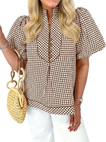 Tankaneo Womens Puff Short Sleeve Blouse Gingham Button V Neck Tops Summer Dressy Casual Loose Fit Plaid Shirts in Kuwait