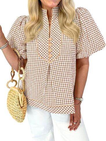 Tankaneo Womens Puff Short Sleeve Blouse Gingham Button V Neck Tops Summer Dressy Casual Loose Fit Plaid Shirts in Kuwait