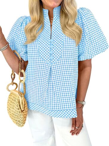 Tankaneo Womens Puff Short Sleeve Blouse Gingham Button V Neck Tops Summer Dressy Casual Loose Fit Plaid Shirts in Kuwait