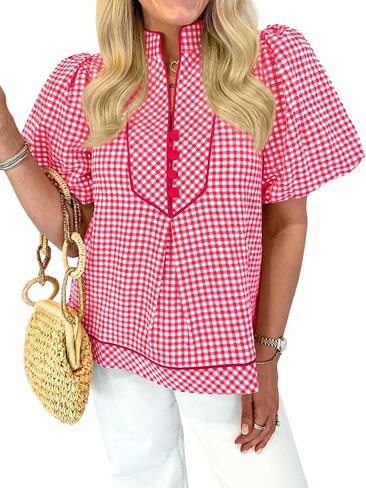 Tankaneo Womens Puff Short Sleeve Blouse Gingham Button V Neck Tops Summer Dressy Casual Loose Fit Plaid Shirts in Kuwait