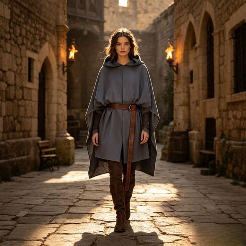 Medieval Hooded Cloak for Adults, Vintage Renaissance Cape with Belt Hobbit Costume LARP Renaissance Fair Halloween in Kuwait