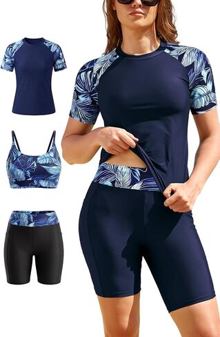SHEKINI Women's 3 Piece Short Sleeve Rash Guard Bathing Suits with High Waist Boyshorts & Bikini Top in Kuwait