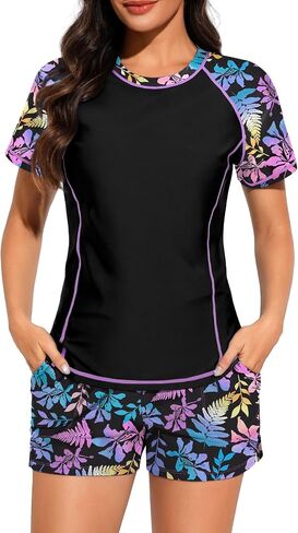 Bonneuitbebe Women 2 Peice Rash Guard Built in Bra UPF 50+ Swimsuits Short Sleeve Swim Shirt with Boyshorts with Pockets in Saudi Arabia