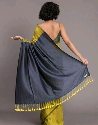 Women's Designer White Indian Handloom Ethnic Cotton Saree With Tassels Unstitched Blouse Piece. (Green) in Kuwait