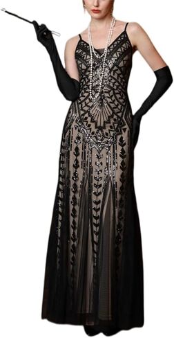 Women's Sequin Long Dress V Neck Spaghetti Strap Formal Maxi Gown Inspired Vintage Art Deco Evening Prom Dress in Saudi Arabia