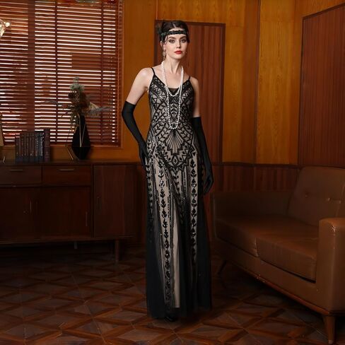 Women's Sequin Long Dress V Neck Spaghetti Strap Formal Maxi Gown Inspired Vintage Art Deco Evening Prom Dress in Saudi Arabia