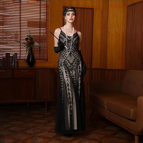 Women's Sequin Long Dress V Neck Spaghetti Strap Formal Maxi Gown Inspired Vintage Art Deco Evening Prom Dress in Saudi Arabia