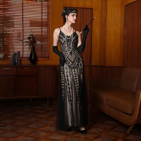Women's Sequin Long Dress V Neck Spaghetti Strap Formal Maxi Gown Inspired Vintage Art Deco Evening Prom Dress in Saudi Arabia