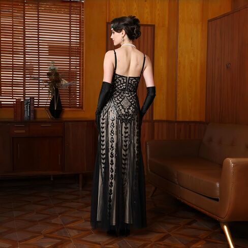 Women's Sequin Long Dress V Neck Spaghetti Strap Formal Maxi Gown Inspired Vintage Art Deco Evening Prom Dress in Saudi Arabia