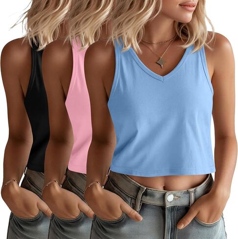 3 Pack Women's Crop Tops Sleeveless V Neck Cropped Tank Tops Loose Fit Workout Crop Tanks Summer Cute Basic Shirts in Kuwait