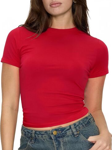 Womens Short Sleeve T Shirts - Summer Tops Slim Fit Y2k Basic Tee for Workout in Saudi Arabia